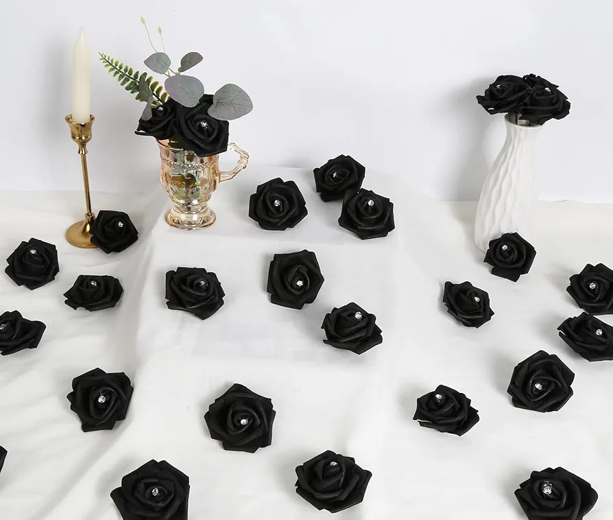IPOPU 100pcs Black Rose Artificial Flower Heads Bulk with Crystal 3in Real Looking Foam Fake Roses Faux Flowers for DIY Craft Wedding Bouquets Arrangements Party Table Home Decorations