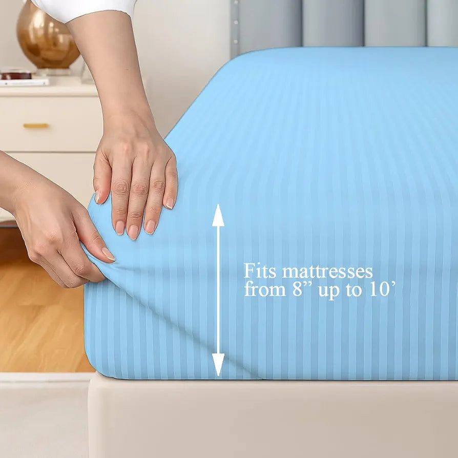 Trance Home Linen 100% Cotton 78x66 inch 200TC Satin Stripe Elastic Fitted Bedsheet | Daily Use Double Bed Fitted Bedspread with 2 Pillow Covers 