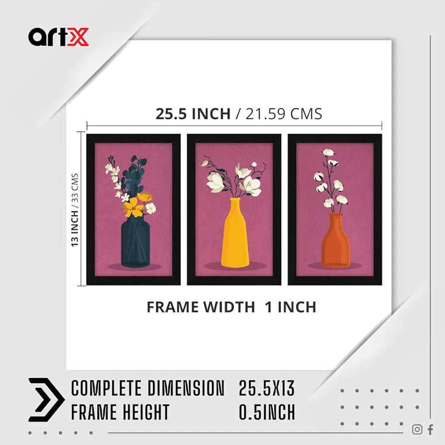 ArtX Paper Floral Vase Wall Art Painting, Framed Paintings, 13 X 25.5 inches, 8.5 X 13 each, Multicolor, Set of 3 