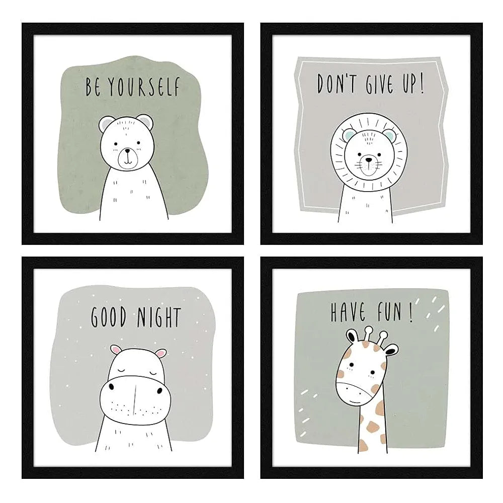 ArtX Paper Cute Animal With Quote Wall Art Painting, Framed Paintings For Home Office Decor 20 X 20 inches , 10.0 X 10.0 each, Multicolor Posters With Frame, Set of 4