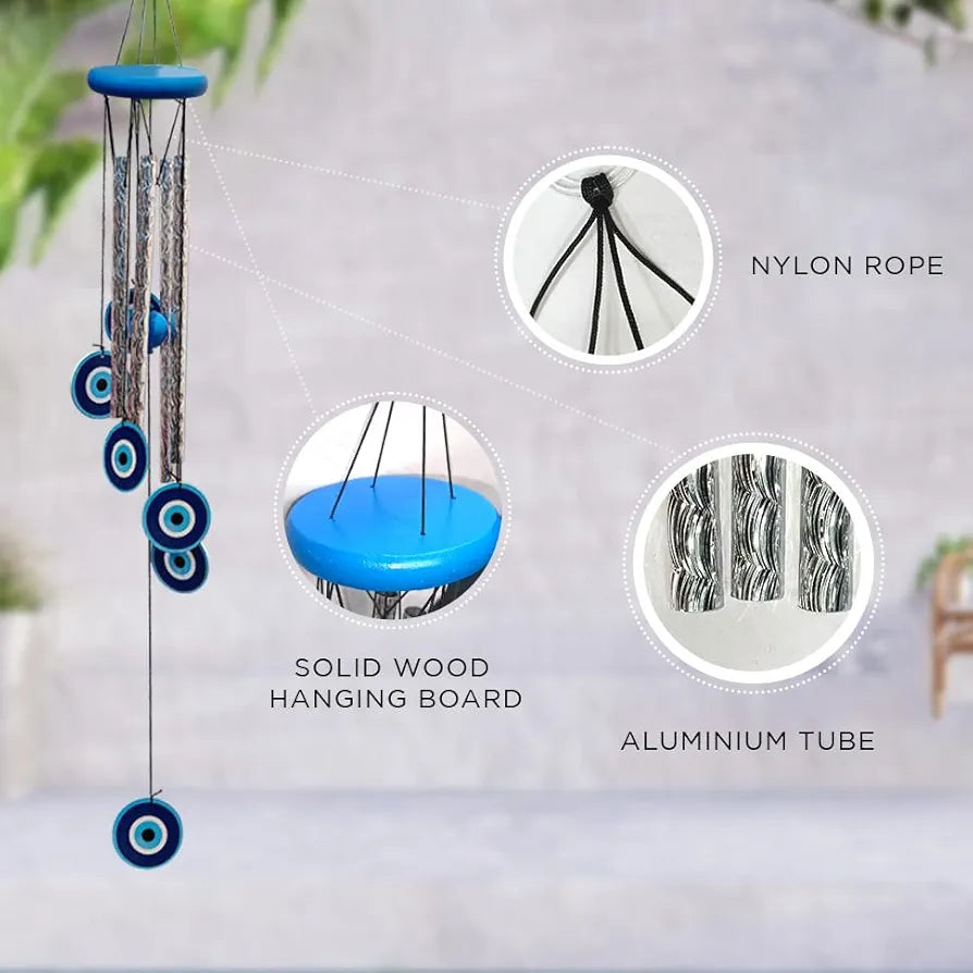 Shubhanjali Metal Evil Eye Wind Chimes For Home Positive Energy 27Inch Turkish Wind Chime For Wall Hanging Decoration Items For Living Room Entrance Outdoor Balcony Housewarming Gifts For Women, Blue