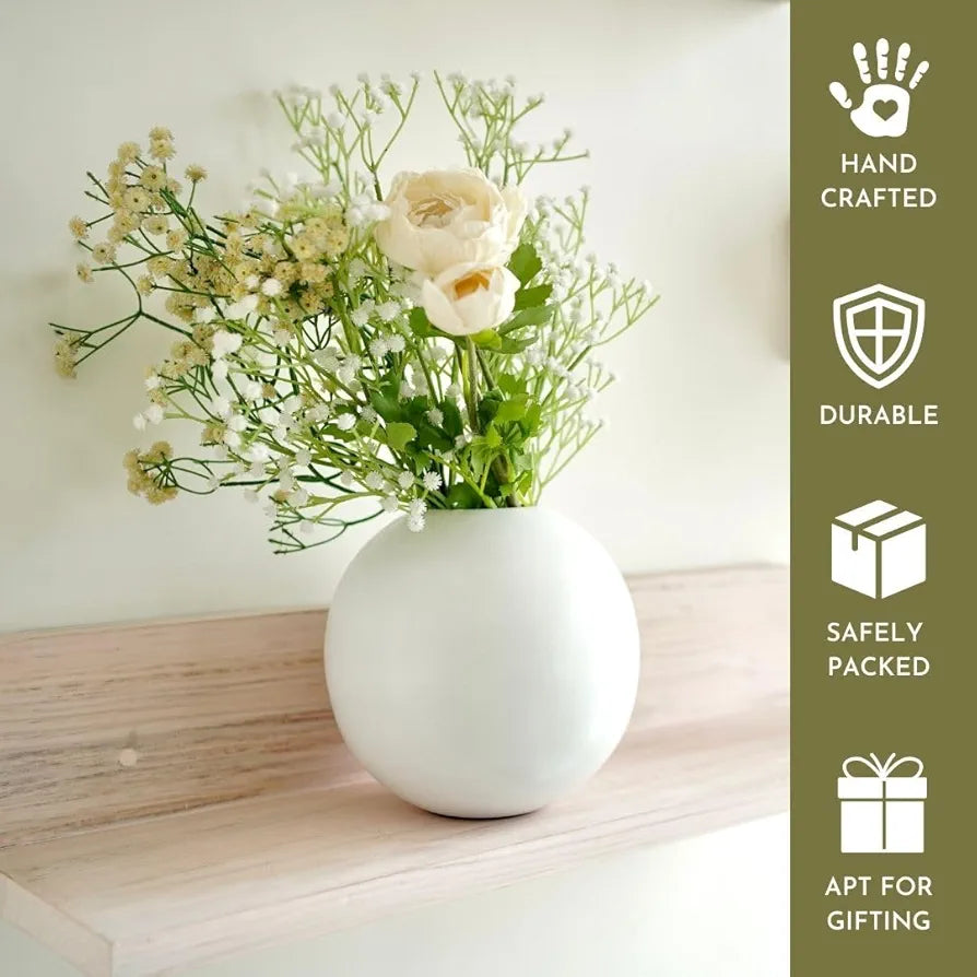 BEHOMA Metal Ball Flower Vase for Home Decor | Table Decorative Item for Bedroom Living Room Office Wedding | Best Gift for Birthday Anniversary Festival | White, Medium