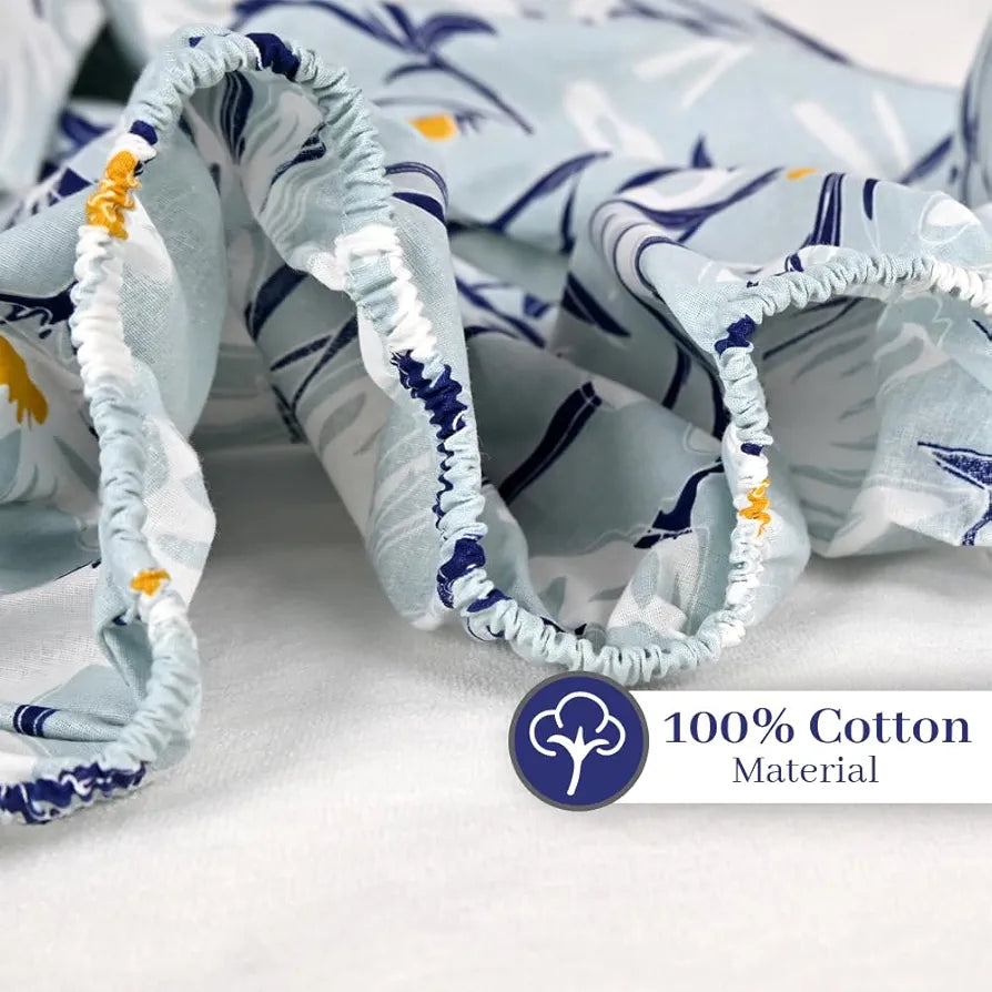 Divine Casa Floret 100% Cotton Double Fitted Bedsheet | 144 TC | Deep Pocket Design | Soft & Breathable Fabric | Durable & Easy Care | 200 x 150 + 25 CM, Water Orchid