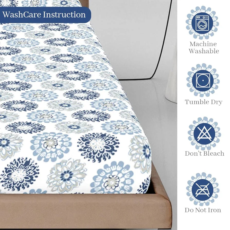 Divine Casa 144 TC Floral Grey 100% Cotton Elastic Fitted Bedsheets King Size with 2 Pillow Covers - 78 x 72 inches