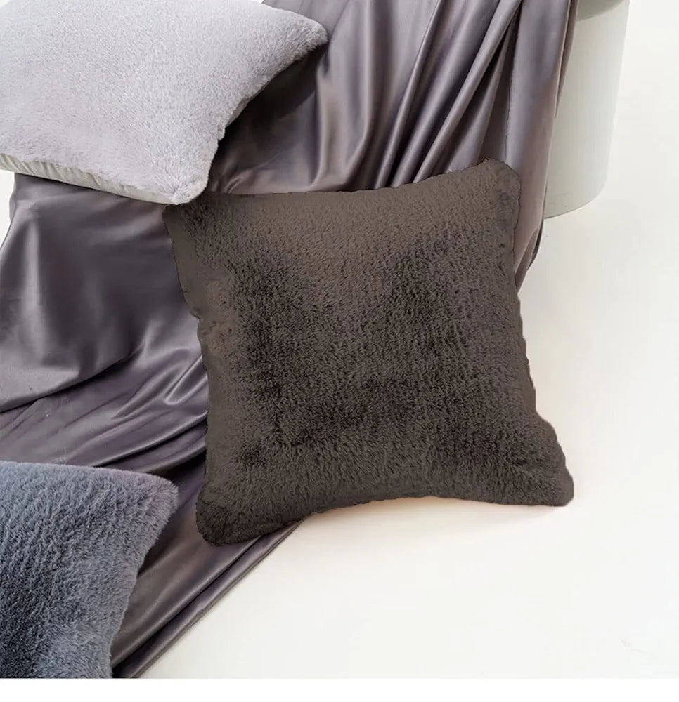 Luxe Home Cushion Cover 16 inch x 16 inch One Side Rabbit Fur Plain Design Covers Set of 2 for Sofa, Bedroom, livingroom 