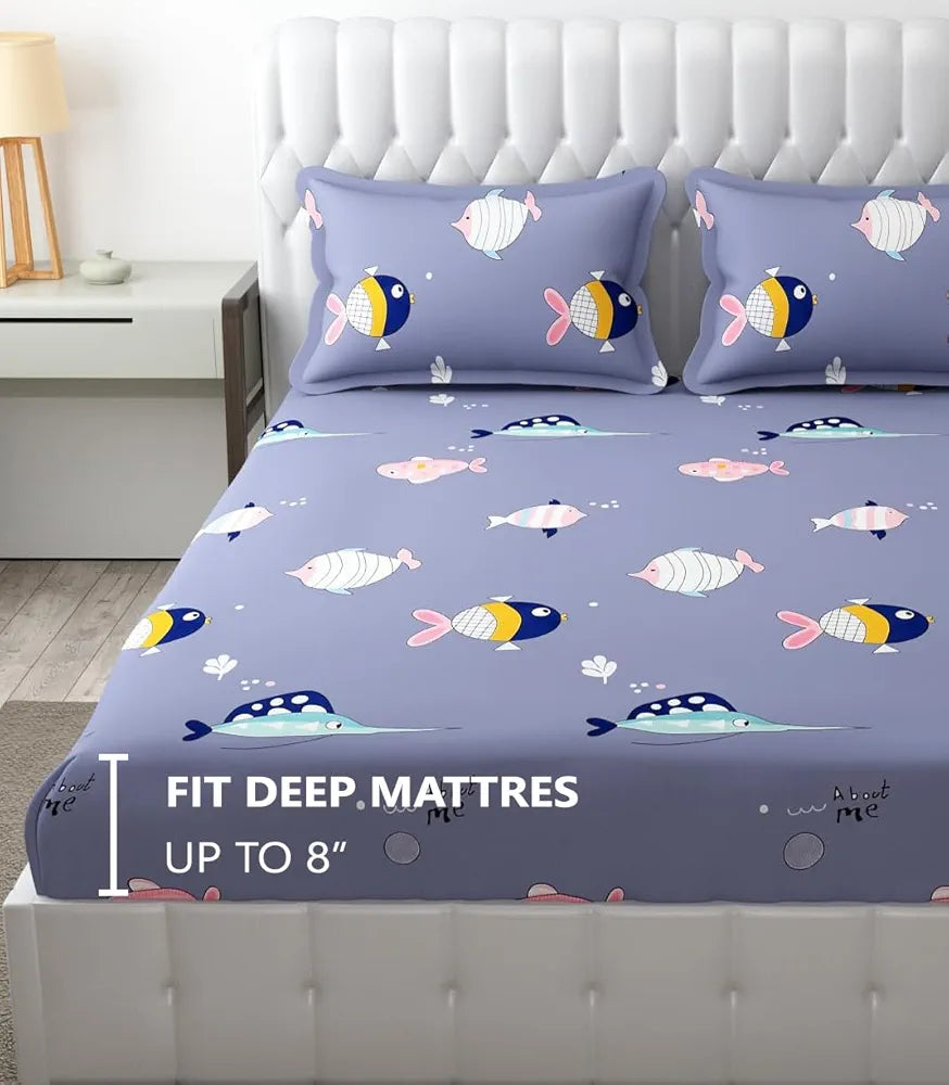 FRESH FROM LOOM Glace Cotton Wrinkle Free Soft Hypoallergenic Elastic Fitted Cartoon Printed Bedsheets for Kids with 2 Pillow,Fish/Blue),Double Bed,300 TC