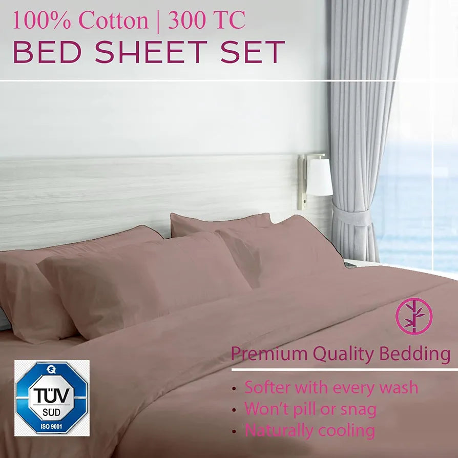 Trance Home Linen Premium 300 Tc Pure 100% Cotton Solid Single Size Fitted Bedsheet with 1 Pillow Cover,Small Single