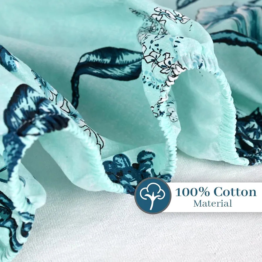 Divine Casa Floret 100% Cotton King Fitted Bedsheet | 144 TC | Deep Pocket Design | Soft & Breathable Fabric | Durable & Easy Care | 200 x 185 + 25 CM, Winter Fern