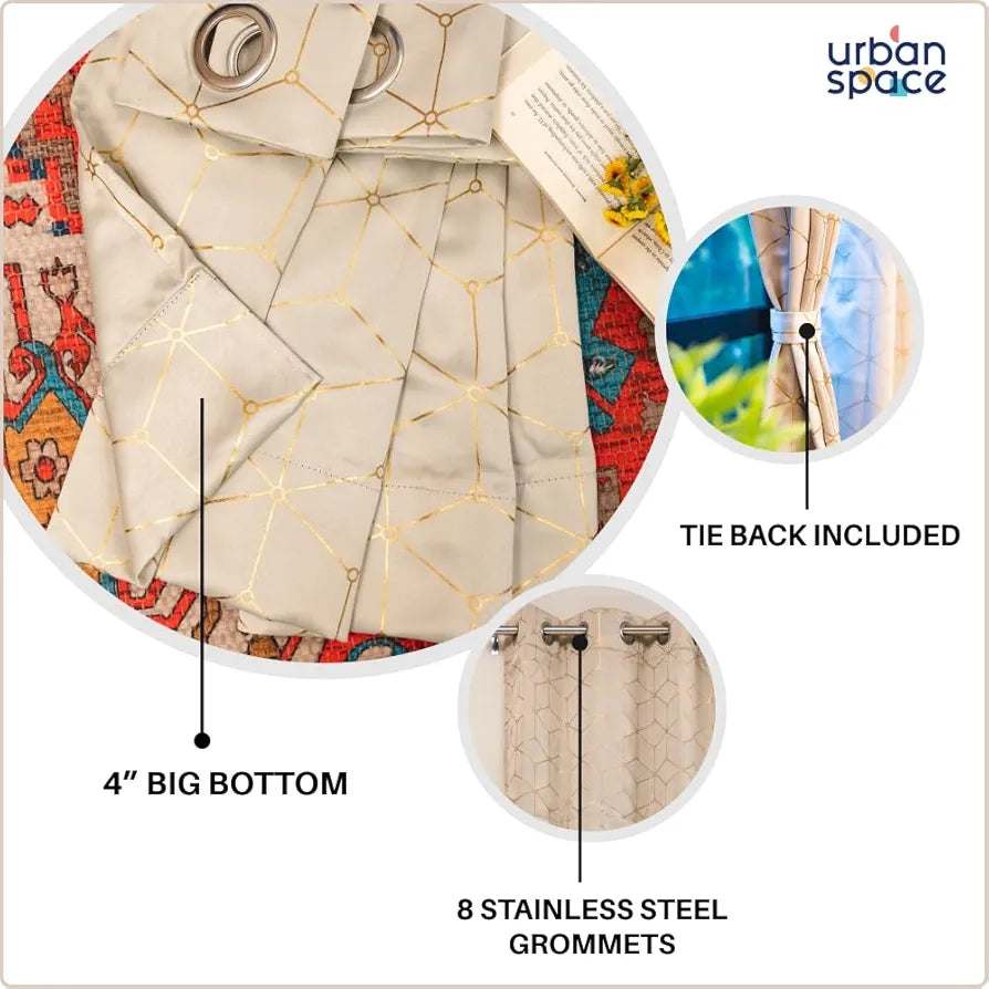 Urban Space Blackout Curtain for Living Room, Gold Foil Printed 80-85% Blackout Decorative Curtain, Eyelet with Tieback Curtains for Home Decor, 1 Piece 