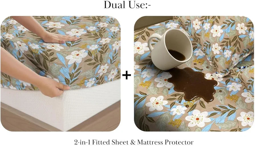 Waterproof Fitted Bedsheet for King Size 78x72+10 inch | Leakproof, Noiseless, Skin-Friendly | Elastic Bed Sheet with 2 Pillow Covers | Dustproof & Breathable -Green & White