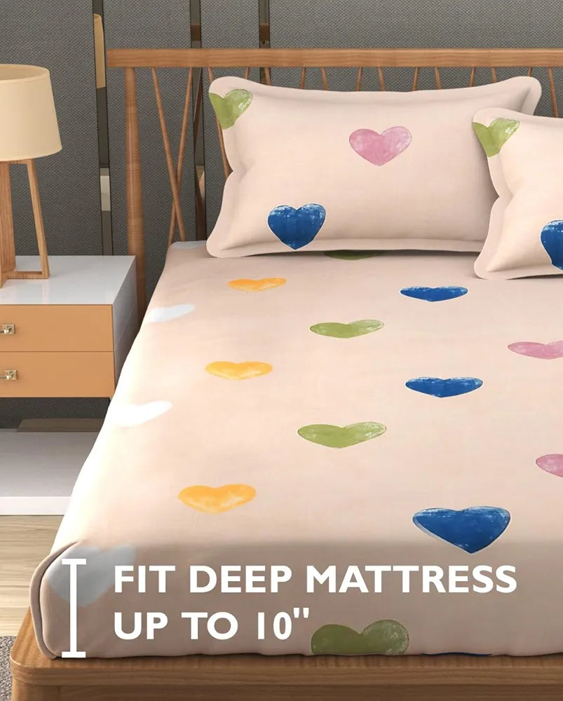 FRESH FROM LOOM Floral Print 240 TC King Size Fitted Bedsheet Set - Microfiber, Anti Fade, Includes 2 Pillow Covers  | Heart-Brown)