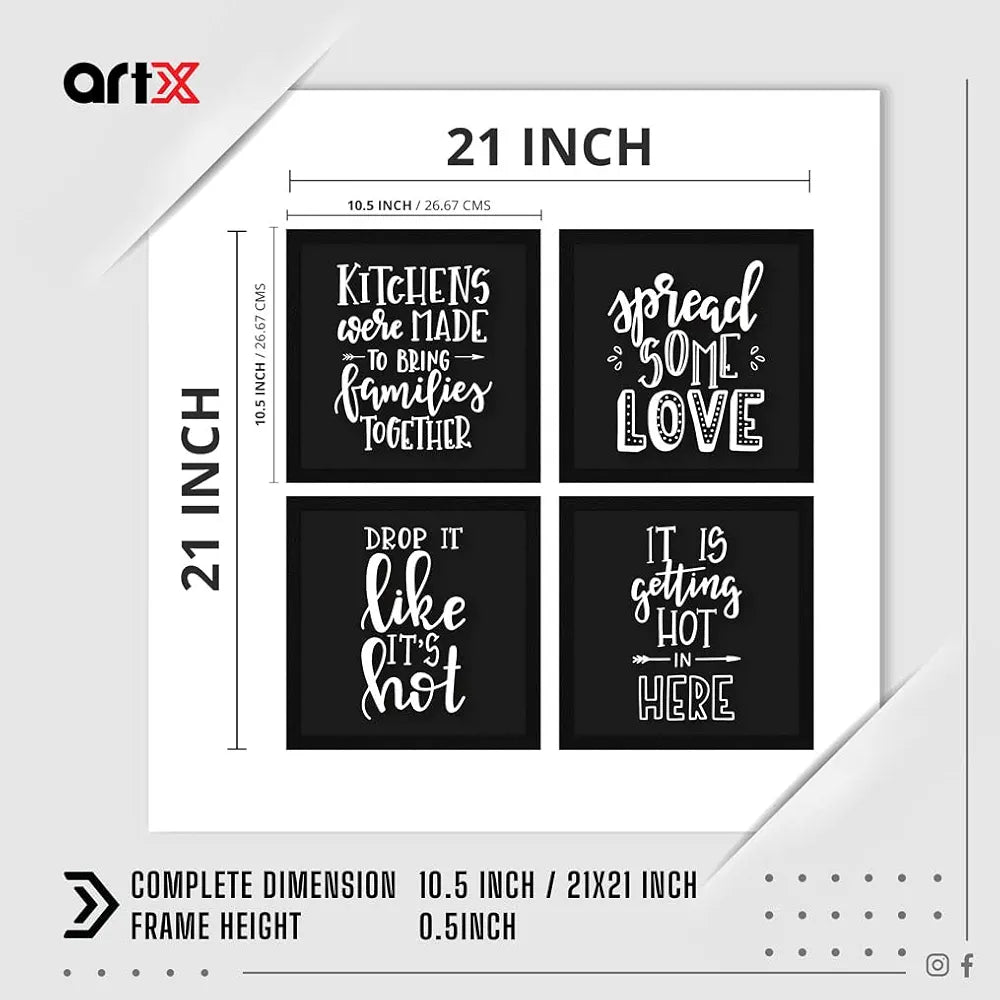 ArtX Kitchen Food Motivational Funny Quotes Framed Paintings Posters, 20 X 20 inches, 10.0 X 10.0 inches Each, Multicolor, Synthetic Wood, Set of 4 