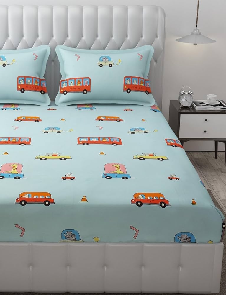 FRESH FROM LOOM Glace Cotton Wrinkle Free Soft Hypoallergenic Bed Sheet with 2 Pillow Cover | Cartoon Printed | Double Bed King Size Kids Bedsheet  144 TC