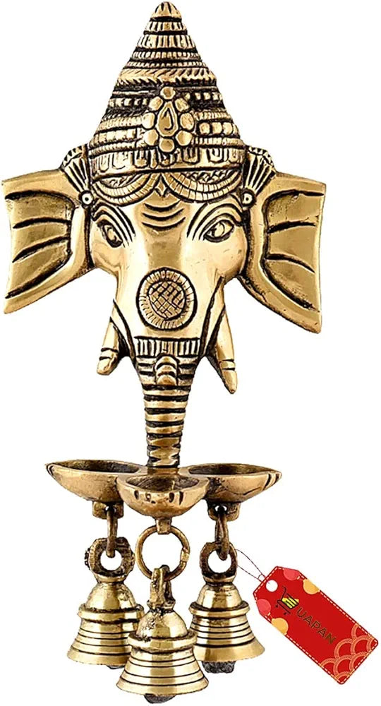 UAPAN Brass Ganesha Wall Hanging Diya Decorative Wall Handing with Deepak Brass Bell for Diwali Temple Decor 