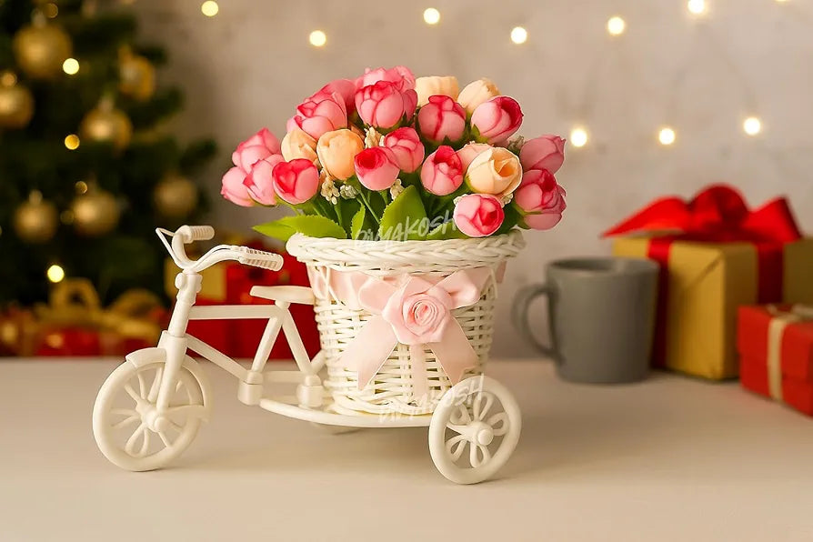 Divyakosh Artificial Peony Bunches Flower Basket with Decorative Tricycle Planter | Pink & Peach Faux Flowers with Wicker Basket | Home Decor, Table Centerpiece, Gifting