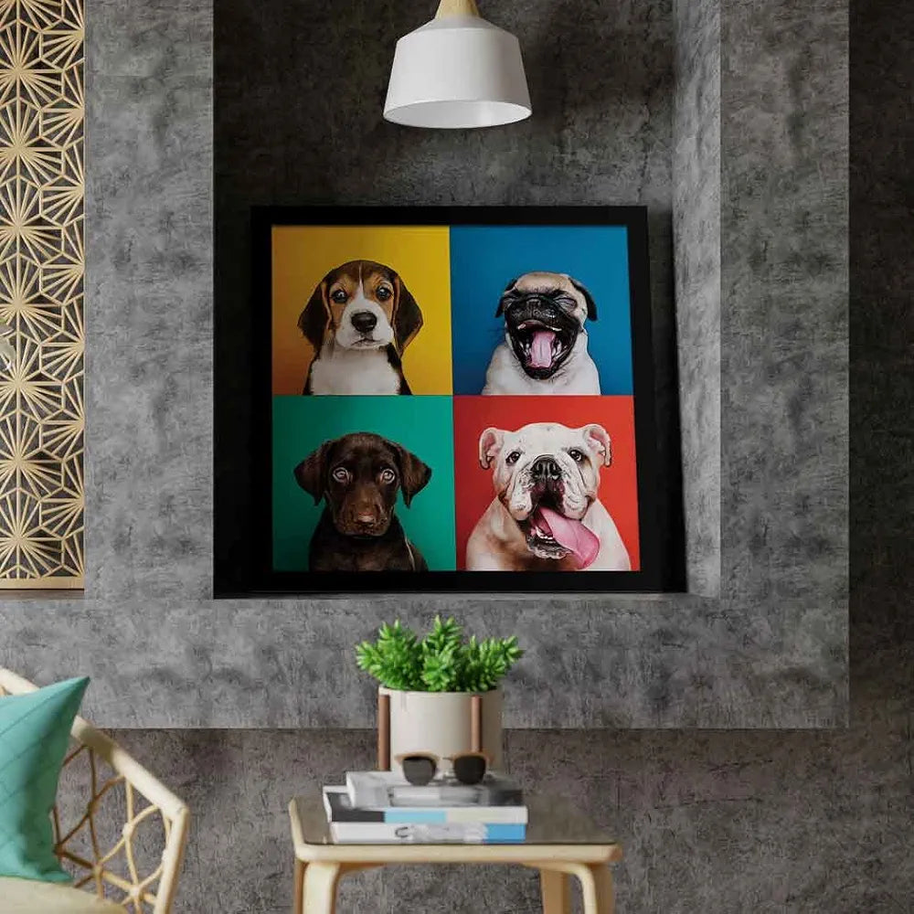 ArtX Four Dog Popart Big Canvas Painting For Bedroom and Living Room With Frame, Multicolour, Square, 24.0 x 24.0 inch, 2x2 Feet, Set Of 1