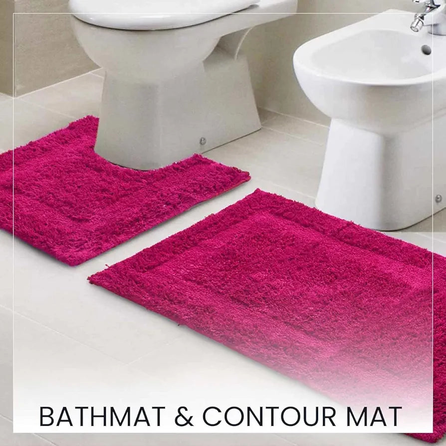 SASHAA WORLD Solid Anti-Skid Cotton Bathmat and Contour Set for Bathroom, Ultra Soft & Absorbent, Tufted Weave, Anti-Slip Latex Backing, Includes Contour & Rectangle Mat, 50X80cm, Dark Pink