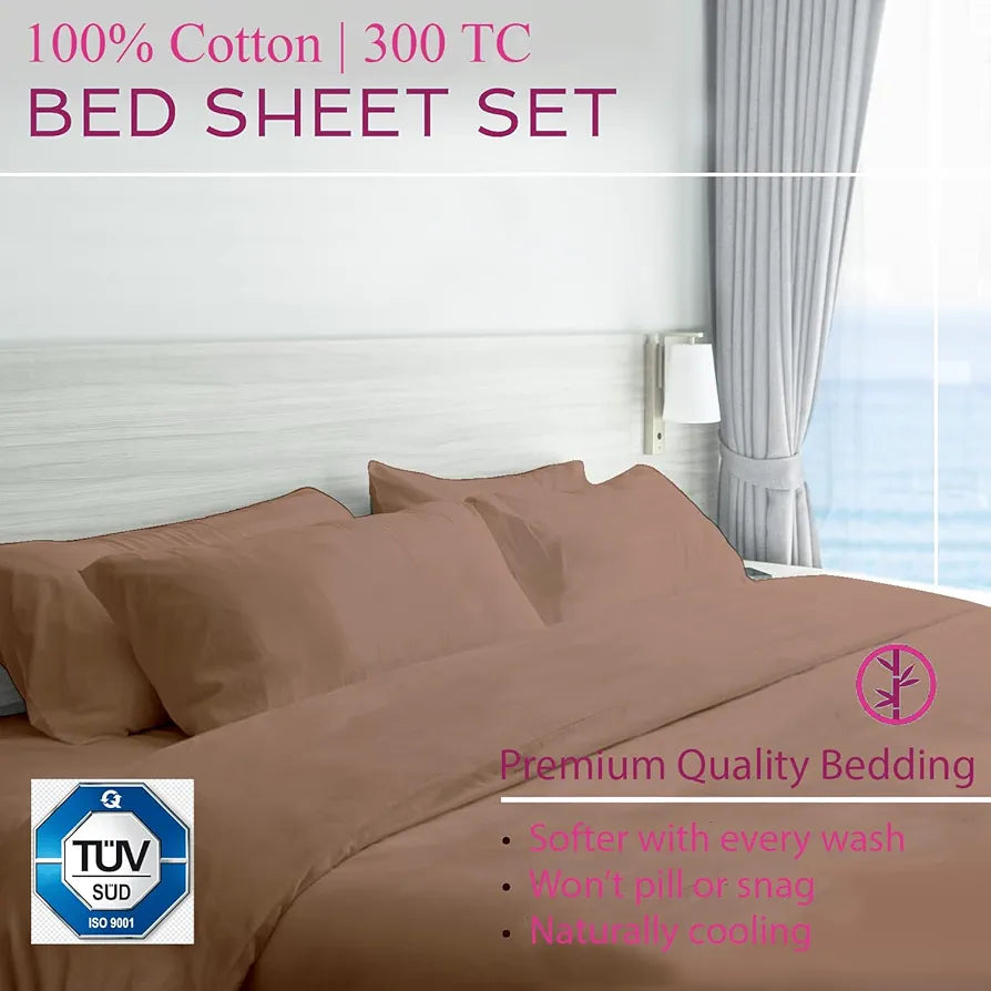Trance Home Linen Premium 300 TC Pure 100% Cotton Queen Fitted Bedsheet with 2 Pillow Covers 