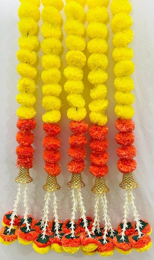 SPHINX Artificial Marigold Fluffy Flowers Garlands for Decoration - Pack of 5 (Orange,Yellow Mix with Bell)