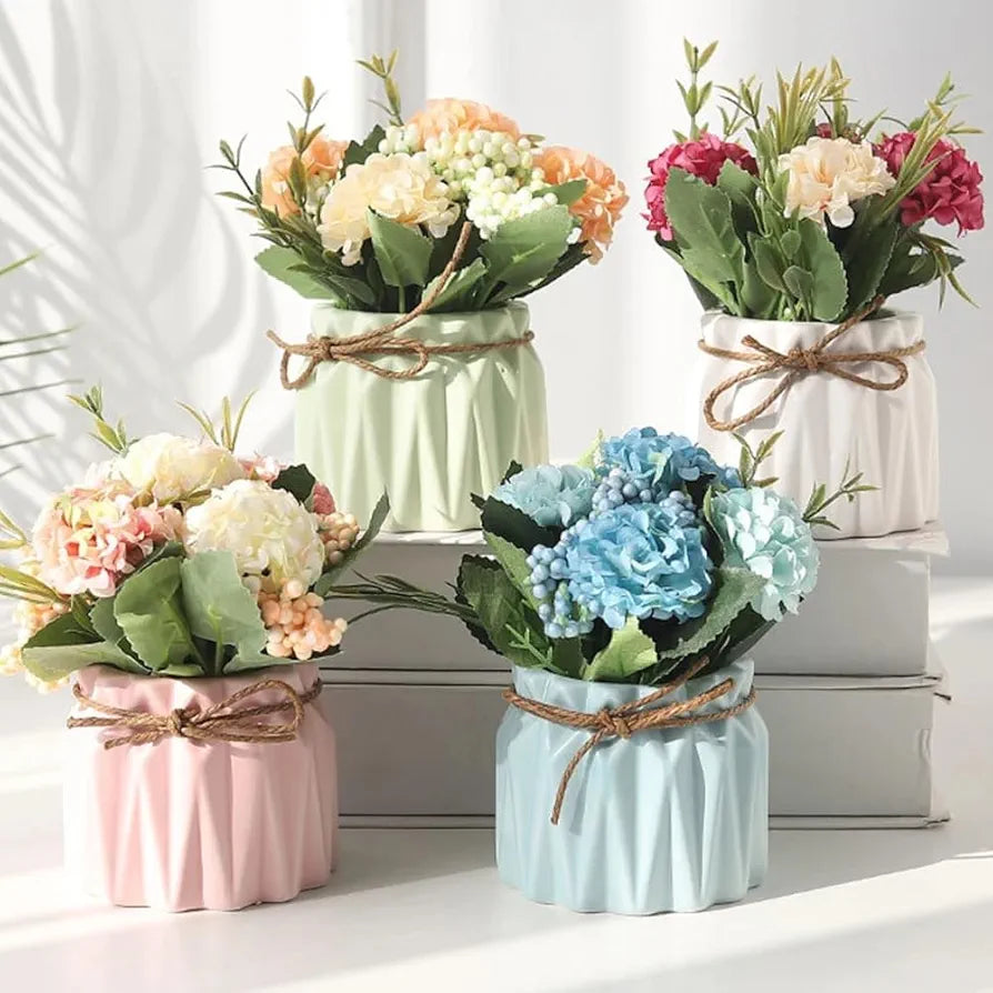 HOME ELEMENTS 1 Pc Artificial Flower with Ceramic Vase for Home Decor Hydrangea Bouquet Fake Flower Arrangements for Living Room Tabletop Showpiece Bedroom Office Desk Artificial Flower Plants 