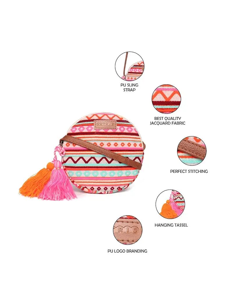 ASTRID Round Textured Sling Bag For Girls With Zip