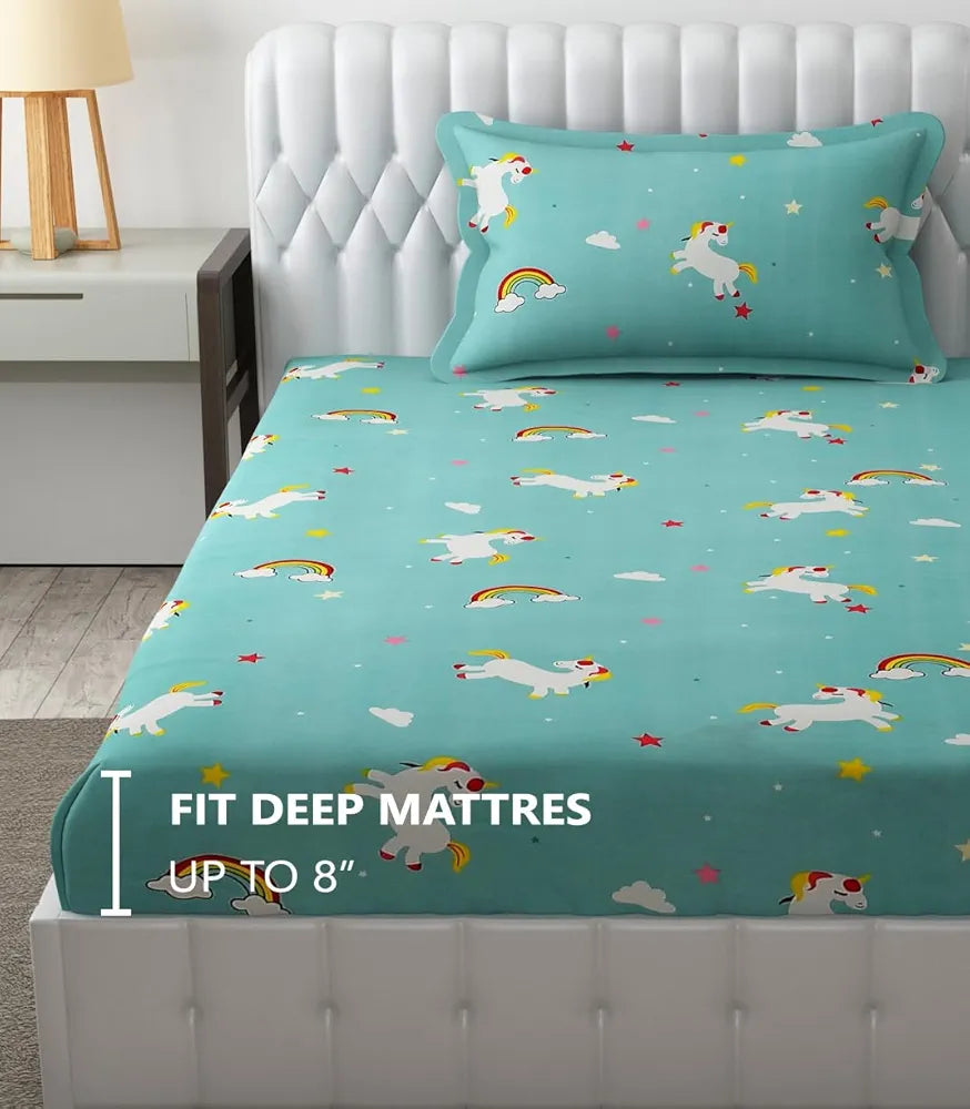 FRESH FROM LOOM Wrinkle Free Glace Cotton Elastic Printed Fitted Single Bed Bedsheet For Kids With One Pillow Cover|Unicorn),Small Single,Blue, 300 TC