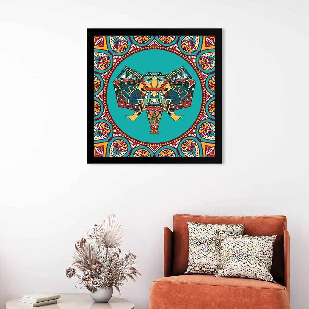 ArtX Elephant Mandala Vector Big Canvas Painting For Bedroom and Living Room With Frame, Multicolour, Square, 24.0 x 24.0 inch, 2x2 Feet, Set Of 1