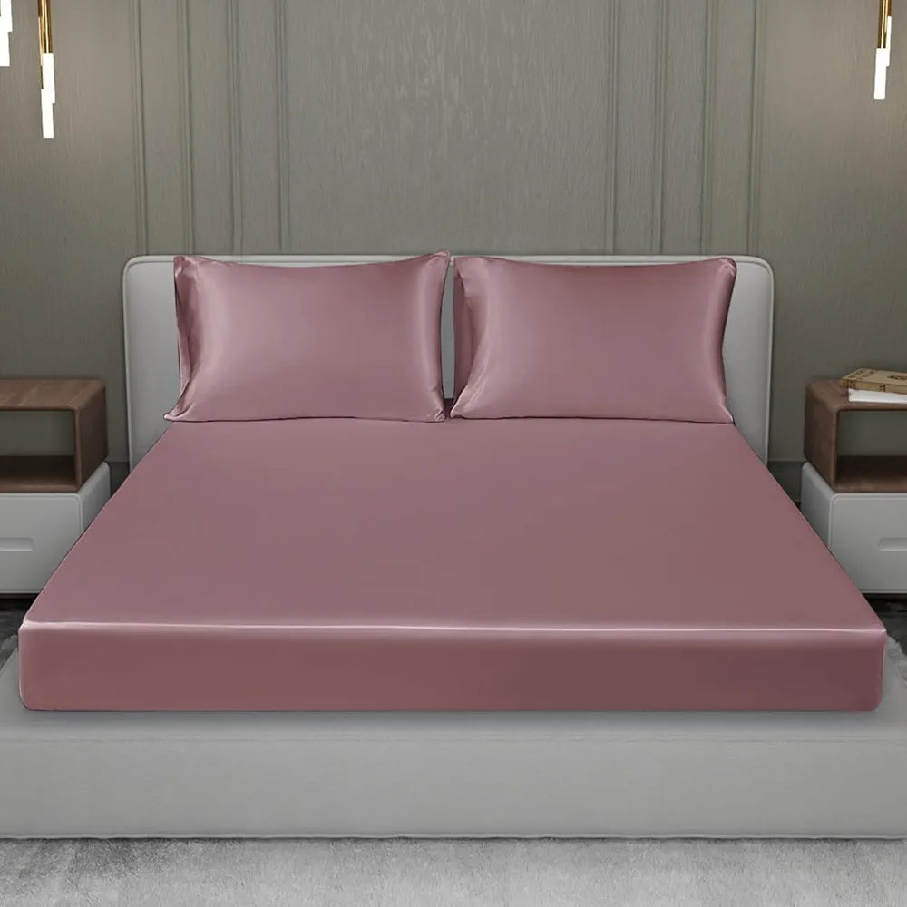 Cloth Fusion Satin Elastic Fitted Bedsheets Double Bed, Luxury Queen Size Bed Sheet with 2 Pillow Covers | H603 | 280 TC