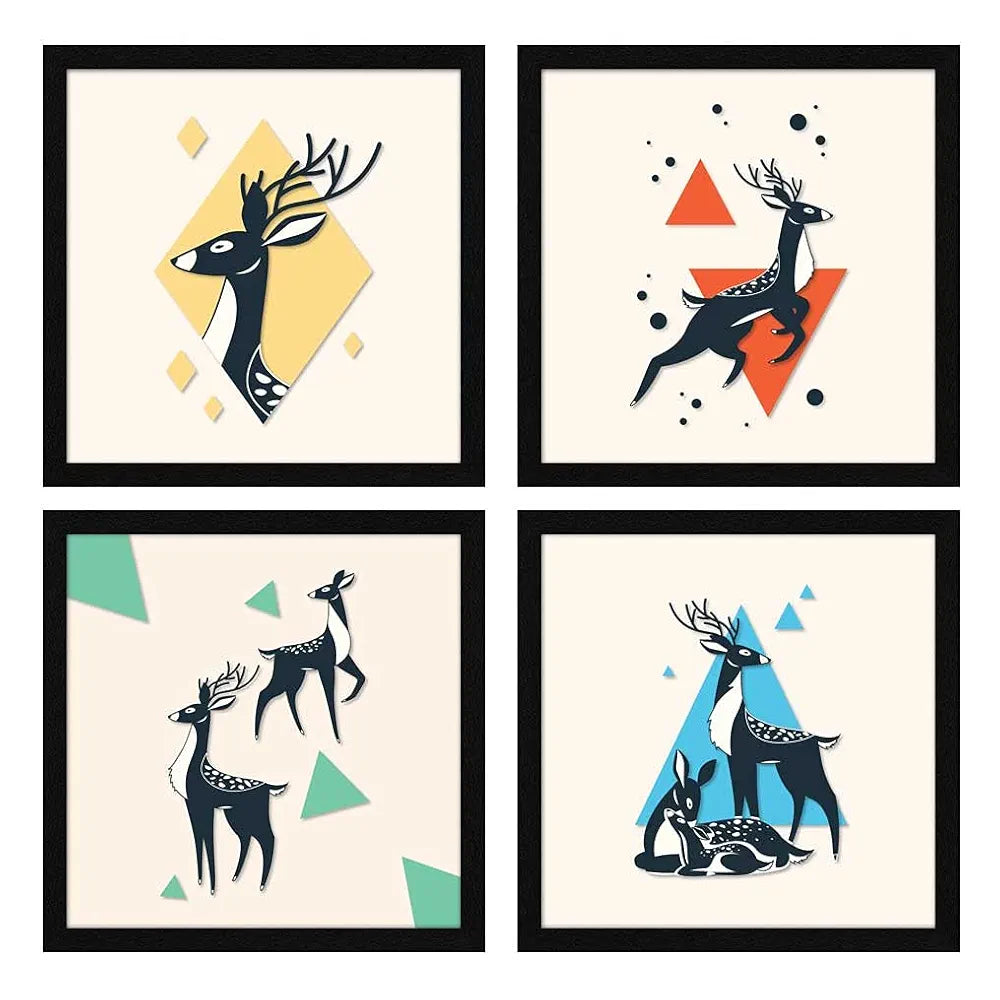 ArtX Paper Deer Wildlife Wall Art Painting, Framed Paintings For Home Office Decor 20 X 20 inches , 10.0 X 10.0 each, Multicolor Posters With Frame, Set of 4