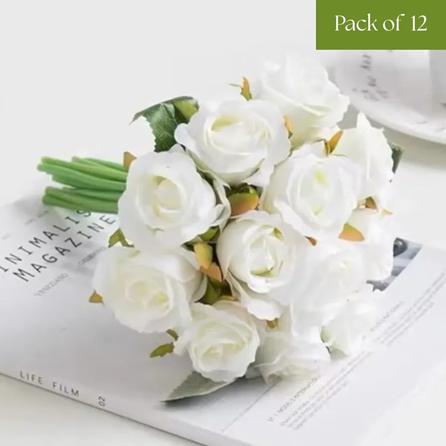 VERVENIX Set of 12 Artificial Rose Flower Bunches for Vase  – Premium Decorative Gift Items for Living Room, Bedroom, Wedding, Party, and Events 