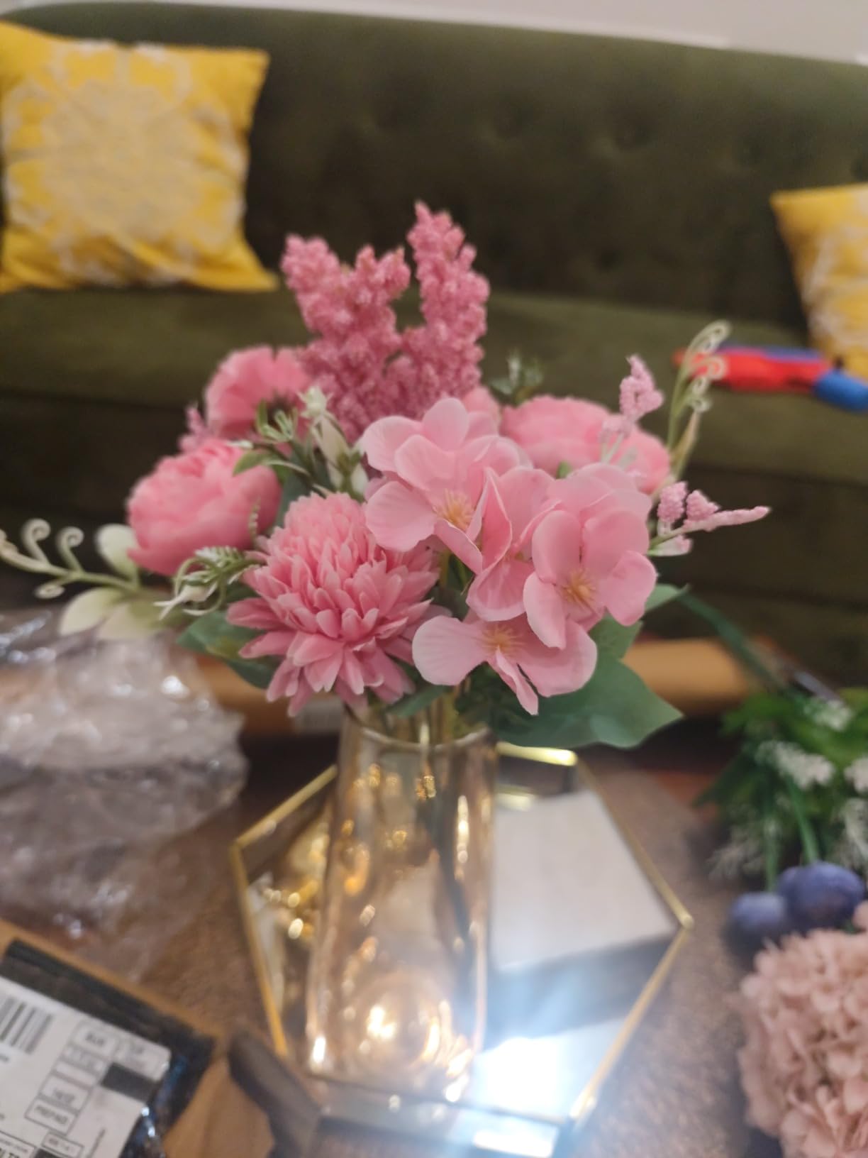 SATYAM KRAFT 1 Pcs Artificial Multiflora Flower Roses Fake Sticks Bunch Decorative Items for Home Decor,Bouquets,Bedroom,Living Room,Wedding (Without Vase)(Pink, Fabric)