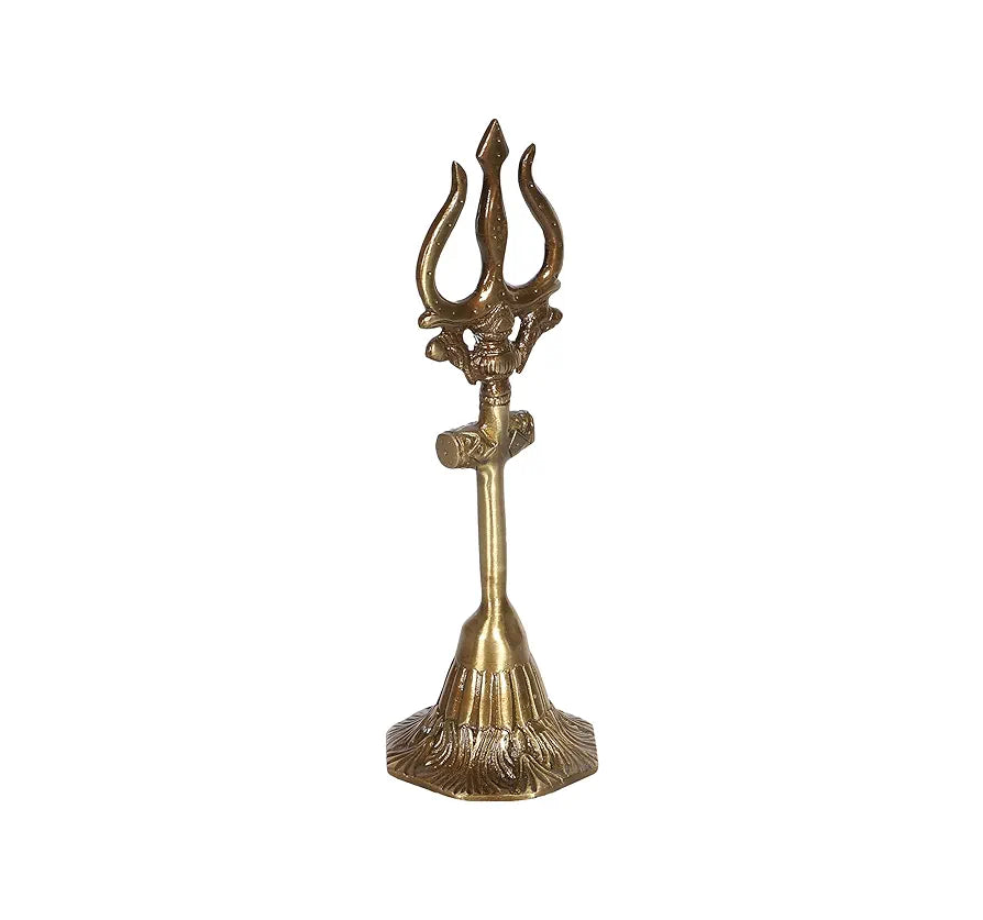 Two Moustaches 8 Inches Brass Shiva's Trishul with Damru, Antique Finish, Brass Mahadev Trishul with Damru Figurine, Shiva Trishul Statue, Solid Brass Heavy Weight 370 Grams, Standard, Pack of 1