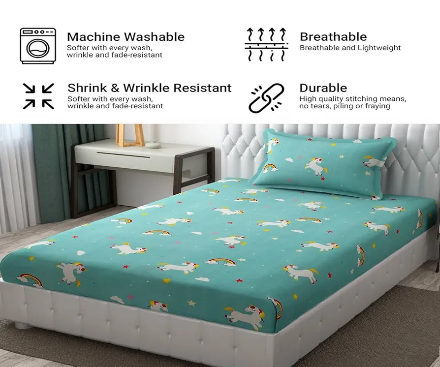 FRESH FROM LOOM Cartoon Wrinkle Free Microfiber Bedsheet For Kids Single Bedsheet With One Pillow Cover , Multicolor, 144 TC