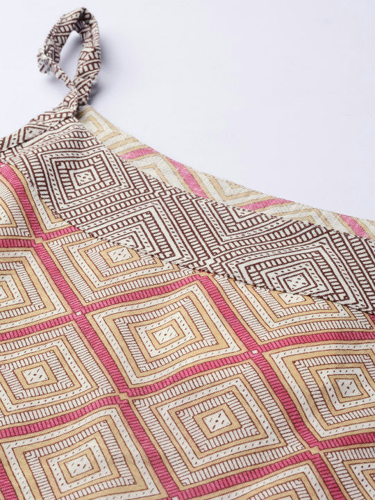 anayna Women Beige & Pink Screen Print Straight Kurta