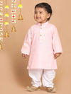 Vastramay Sishu Boys Pink And White Cotton Blend Solid Kurta Pyjama Set