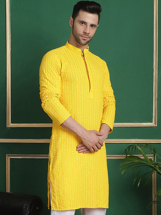 Yellow Ethnic Motifs Embroidered Mandarin Collar Straight Kurta