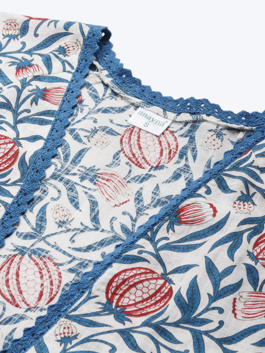 Women Blue & Red Solid Anarkali Kurta with Floral Screen Print Longline Jacket