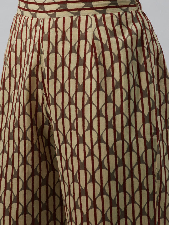 anayna Women Beige & Maroon Printed Kurta with Palazzos