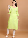 Vishudh Lime Green Striped Pure Cotton Straight Kurta