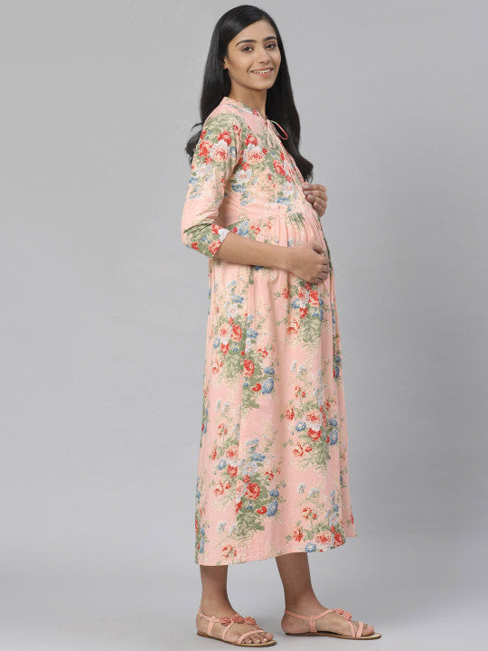Women Peach-Coloured & Green Floral Printed Pure Cotton Maternity A-Line Dress