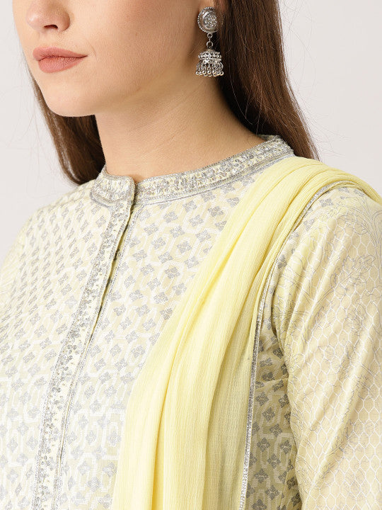 Libas Women Yellow & White Printed Kurta with Palazzos & Dupatta