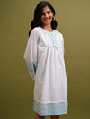 Vishudh White Floral Embroidered Tie-Up Neck Cotton Empire Dress