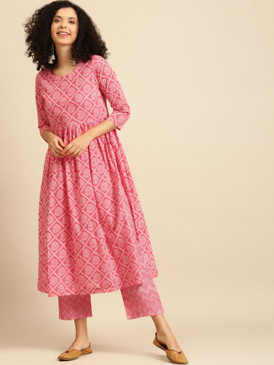 anayna Women Pink & White Bandhani Printed Kurta with Trousers