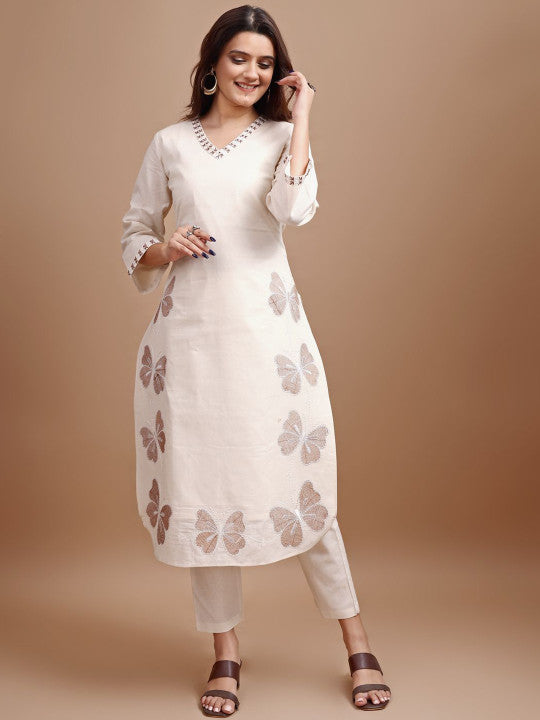 Tikhi Imli Embroidered V-Neck Three-Quarter Sleeves Linen Tunic With Trouser