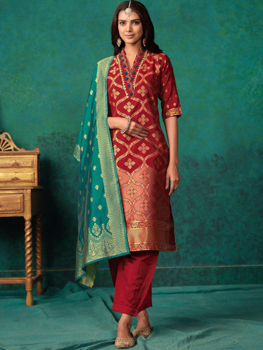 Sangria Maroon Ethnic Motifs Woven Design Regular Thread Work Kurta & Salwar With Dupatta