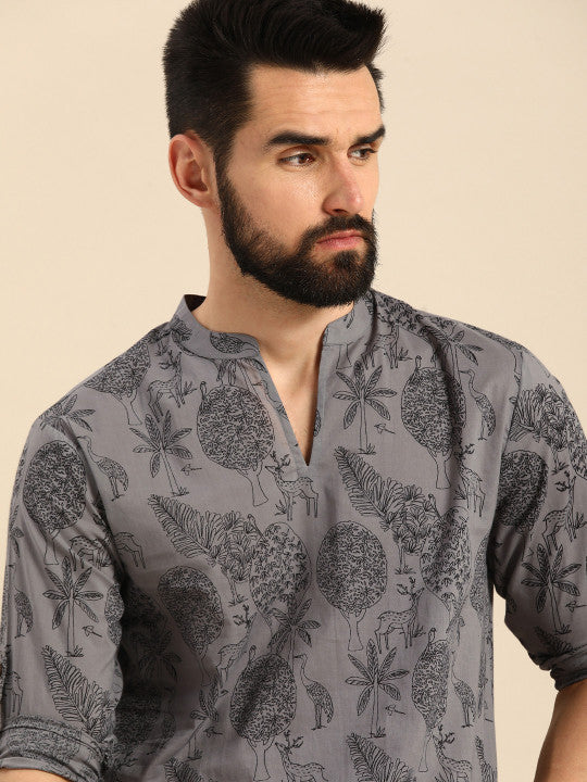 Men Grey Quirky Printed Cotton Short Kurta