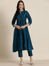 Here&now Teal Ethnic Motifs Yoke Design Thread Work Kurta