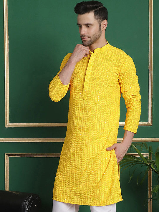 Yellow Ethnic Motifs Embroidered Mandarin Collar Straight Kurta