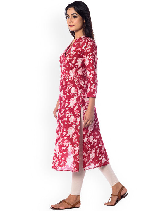 anayna Women Red & Off-White Floral Print Straight Kurta