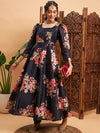 Shae by Sassafras Black & Pink Floral Printed Square Neck Puff Sleeves Anarkali Kurta